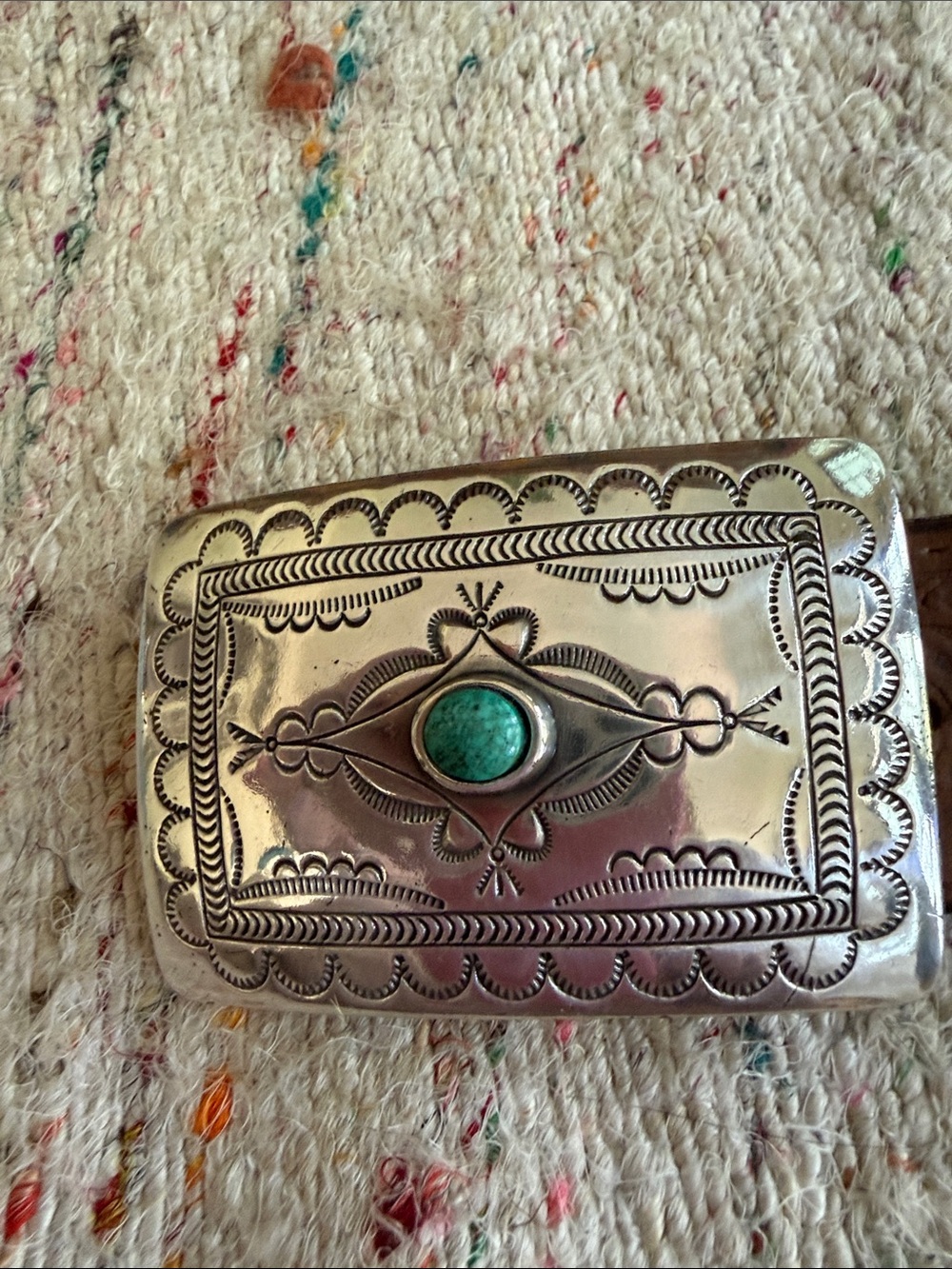 Tony Lama Brown Tooled Leather Belt with Turquoise-Accent Silver Buckle - Picture 7 of 7